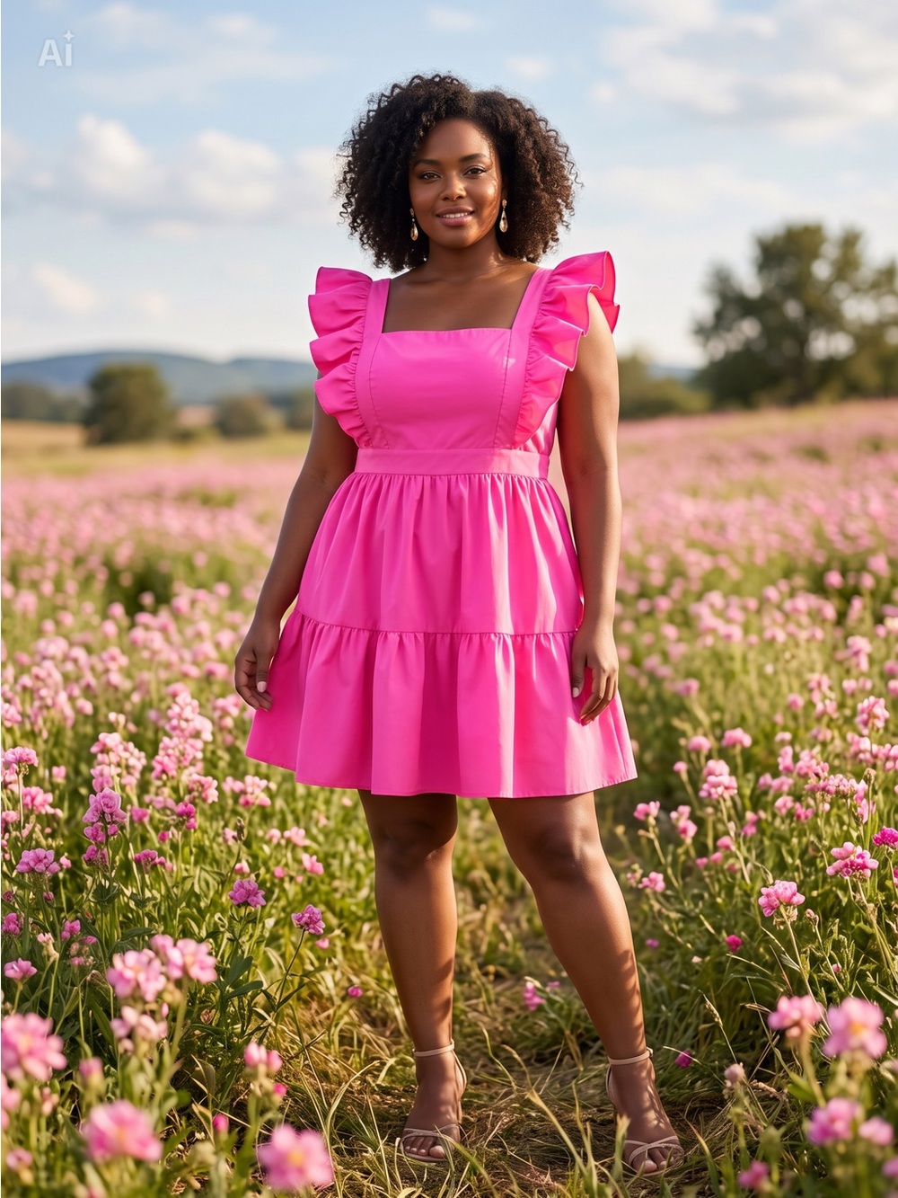 SHEIN Hot Pink Ruffle Strap Square Neck Tiered Mini Dress